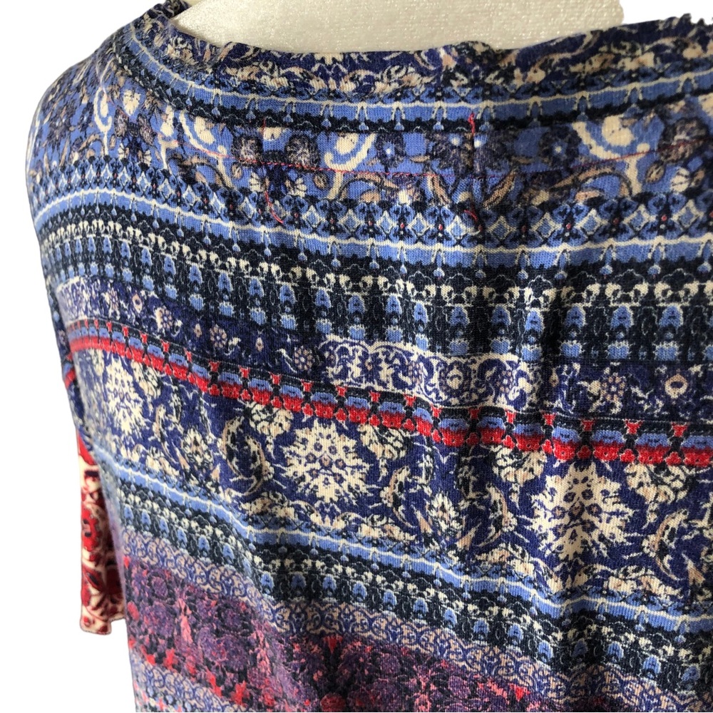 Live and Let Live Popover Top Women XL Blue Red Tan Boho Folk Art Print - Picture 6 of 10